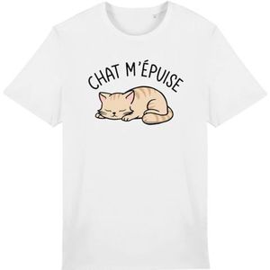 Cat m'épuise T-shirt - voor heren - bedrukt in Frankrijk - 100% biologisch katoen - cadeau voor verjaardagsdieren, origineel grappig, Wit, 3XL