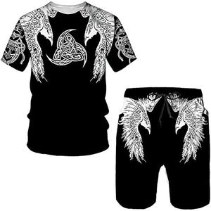 Heren Viking Thor's Hammer Bedrukte T-shirt Shorts Set, Middeleeuws Plus Size Trainingspak Met Korte Mouwen 2-delige Set, Zomermode Casual Oversized Sportkleding Pak