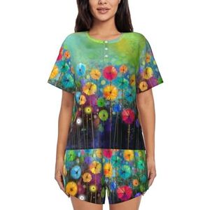 JIAWUJYNB Abstracte stijl kleurrijke bloemenprint dames pyjama set met korte mouwen - comfortabele korte sets, mouwen nachtkleding met zakken, Zwart, S
