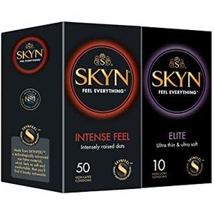 SKYN Intense Feel Condooms (50 Pak) & Elite Condooms (10 Pak) |Skynfeel latexvrije, voor mannen, condooms van normale grootte, geribbelde en gestippelde rechte vorm, ultradunne en zacht