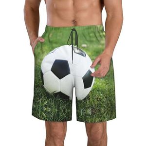 PHTZEZFC Voetbalbal op grasprint heren strandshorts - zomervakantie strandshorts casual lichtgewicht trekkoord, Wit, XL