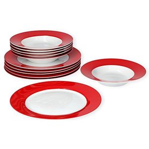 Van Well Vario Tafelservies, 12-delig, bordenset voor 6 personen, 6 platte borden + 6 diepe soepborden, porseleinen servies, wit met rand in rood, eetborden en saladeborden
