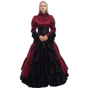 GRACEART Middeleeuws Victoriaans kostuum vintage ruches verkleding met crinoline en riem, Wijn Rood, S