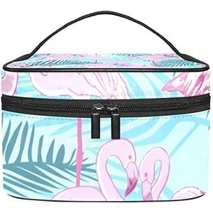 Make-up Organizer Bag, Reizen Make-up Tas Organizer Case Draagbare Cosmetische Tas voor Vrouwen en Meisjes Toiletartikelen Roze Flamingo's Groene Bosbladeren, Meerkleurig, 22.5x15x13.8cm/8.9x5.9x5.4in