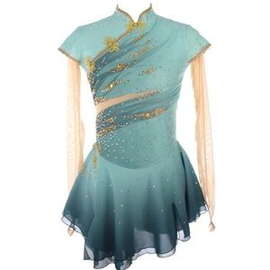 Kunstschaatsjurk for Dames Mesh Rok Meisjes Opstaande Kraag Lange Mouw Gradiënt Competitie Prestaties(Groente,4XL)