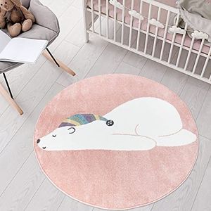 carpet city Vloerkleed kinderkamer diermotief - roze - 120 cm rond - kindertapijt laagpolige beer met slaapmuts - zachte pool