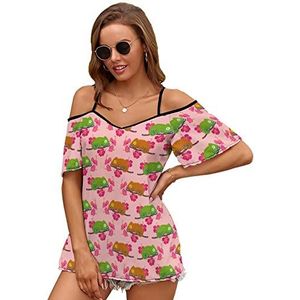 Kameleon met hibiscus bloemen vrouwen blouse koude schouder korte mouw jurk tops t-shirts casual t-shirt 2XL