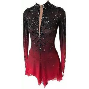 Meisjes schaatsenwedstrijd jurken Black Red Halo verven Professionele kunstschaatsenkleding met strass Ritmische gymnastiek voor vrouwen Lange mouw,Rood,11_13Years