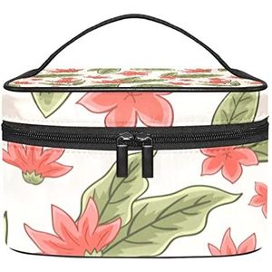 Botanische rode bloemen patroon groene bladeren make-up organizer tas, reizen make-up tas organizer case draagbare cosmetische tas voor vrouwen en meisjes toiletartikelen, Meerkleurig, 22.5x15x13.8cm/8.9x5.9x5.4in