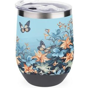 QWNMD Roestvrij Staal Geïsoleerde Koffiekop met Deksel Stamless Muur Geïsoleerde Koffiekop Blauwe Vlinder Bloemen Gedrukt Reizen Mokken Geïsoleerde Wijn Tumbler voor Thuis