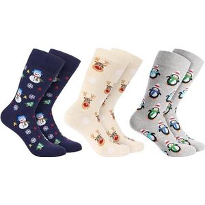 BRUBAKER 3 Paar Kerstsokken - Grappige Sokken voor Dames en Heren met Kerstmotieven - Sneeuwpop, Rendier en Pinguïns - Blauw, Beige en Grijs - Katoen - Kerstcadeau - EU 35-40