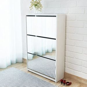 Schoenenkast met spiegel 2-laags betongrijs 63x17x67 cm, schoenenkast organizer, kast opbergruimte schoenenrek, hal meubels(White,63 x 17 x 102.5 cm)