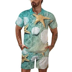 Zeester en zeeschelp op het strand poloshirt voor heren, trainingsset met korte mouwen, casual strandshirts, shorts, outfit, XL