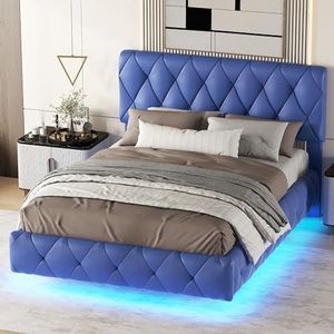 Aunvla Tweepersoonsbedden, gestoffeerd bed, zweefbedden, gestoffeerd met lichtstrips, 140 x 200, blauw