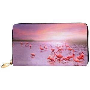 OPSREY Piratenvlag bedrukte lederen portemonnee voor heren en dames, lange clutch draagbare portemonnee met ritssluiting, Roze Flamingo's 2, Eén maat