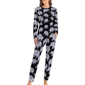 Blauwe Bloemen Olifant Illustratie Zachte Dames Pyjama Lange Mouw Warm Fit Pyjama Loungewear Sets met Zakken 3XL
