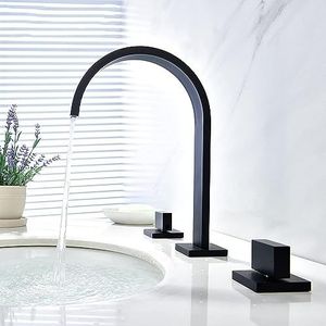 Badkamerkraan waterval, 3-gaats brede platte moderne badkamer wastafel dubbele handgreep koperen watervalkraan badkamer-zwart (kleur: nero)