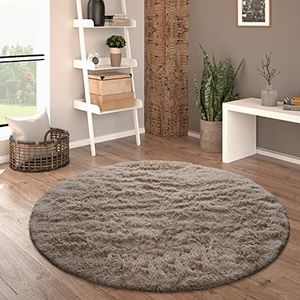Paco Home Hoogpolig Vloerkleed Rond Woonkamer Shaggy Modern Langpolig Imitatiebont Pluizig Effen, Maat:Ø 160 cm rondje, Kleur:Taupe