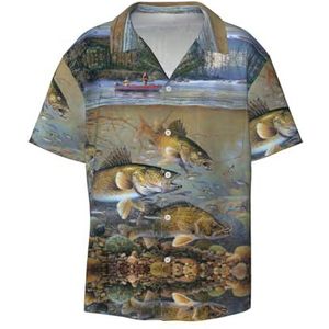 OdDdot Fishing Lake Vissers Print Heren Jurk Shirts Atletische Slim Fit Korte Mouw Casual Business Button Down Shirt, Zwart, S