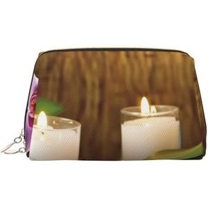 Kaarsen en orchideeën make-up tas voor vrouwen cosmetische tassen lederen reizen make-up tas organisator waterdicht make-up zakje open platte toilettas draagbare opbergtas voor reizen, Goud, Eén maat