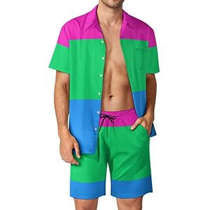 Polysexual Pride Flag LGBT Hawaiiaanse bijpassende set voor heren, 2-delige outfits, button-down shirts en shorts voor strandvakantie