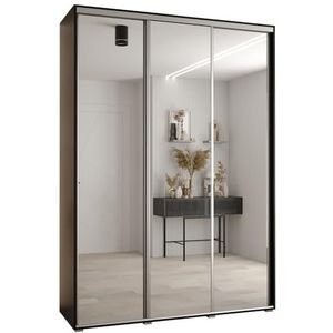 MEBLE KRYSPOL Cannes 2 Moderne Kledingkast met 3 Schuifdeuren met Kledingroede, Planken en Spiegel - Opbergkast voor Slaapkamer, Woonkamer - 205,2x170x45 cm - Zwart Zwart Zilver