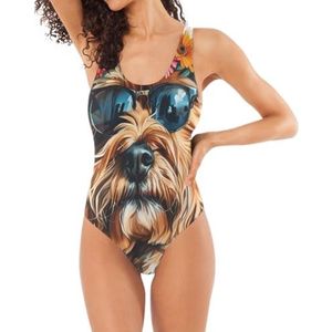 Klassieke eendelige badpakken voor vrouwen hond met bloemenkrans en zonnebril beige U-vormige rug buikcontrole, Hond Met Bloemkrans en Zonnebril Beige, S