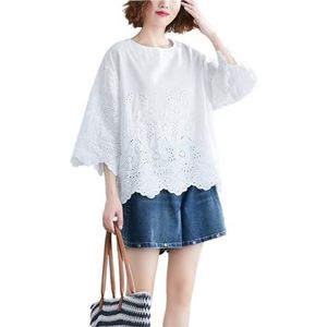 2024 Vrouwen Prachtige Bloemen Geborduurde Chinese Stijl Shirt Tops Ronde Hals Lange Mouwen Losse Flowy Casual Blouse(Color:White)