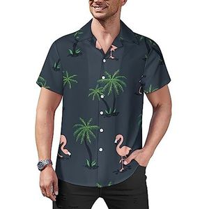 Roze flamingo vogels en palmbomen heren casual button-down shirts korte mouw Cubaanse kraag T-shirts tops Hawaiiaans T-shirt S