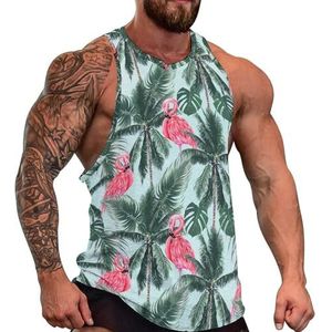 Roze flamingo op tropische palmbladeren heren tanktop grafische mouwloze bodybuilding T-shirts casual strand T-shirt grappige sportschool spier