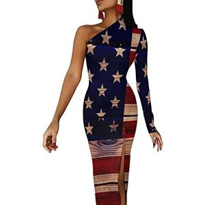 Houten textuur vlag VS vrouwen halve mouw jurk avondfeest lange jurken cocktail split bodycon jurk M