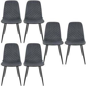 WAFTING Set van 6 eetkamerstoelen, stoelen met linnen diagonaal strepen-design en metalen frame, geschikt voor eetkamer, woonkamer, keuken, slaapkamer en ontvangstruimtes, donkergrijs