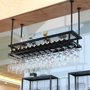 Wijnrekken Hangend wijnrek met glazen houder, plafondmontage, industrieel wijnflessenrek Hangend wijnglaswerk opbergrek Flessenhouder (Color : Noir, Size : 60x30cm)