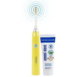emmi-dent Go Elektrische ultrasone tandenborstel (basisset geel), ideaal voor gevoelige tanden en tandvlees, optimaal tandenpoetsen zonder schrobben, batterijduur tot 12 dagen