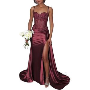 KIYNE Sprankelende pailletten galajurken voor vrouwen met split kant applicatie zeemeermin baljurk formele afstuderen feestjurk, Bordeaux, 38