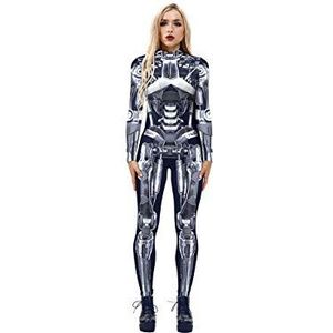 Leezeshaw Womens robot skelet Halloween kostuums pak, Halloween 3D robot schedel skelet lycra unitard bodysuit fancy dress voor vrouwen S-XL