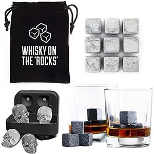 Whisky Stones GENERISE Whisky Stones Gift Set van 9 Natuurlijke Granieten Whisky Rocks in Fluwelen Gift Pouch PLUS Skull Ice Cube Tray (Donkergrijze Stenen)