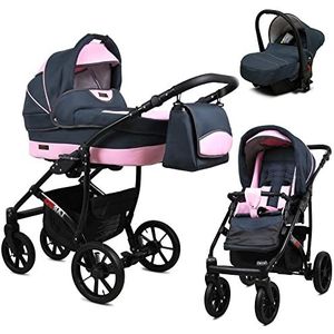 Lux4kids 012 Kinderwagenset, eenvoudige bediening, inklapbaar, lekvrij, GoLux Black by Lux4kids Grey Light Pink 012 3-in-1 met babyzitje