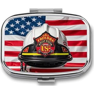 Reizen Draagbare Pillendoos met Spiegel Rode Streep Brandweerman VS-vlag Gedrukt Rechthoekige Medicijndoos 2 Compartiment Medicijnkoffer Vitamine Pil Organizer voor Visolie Supplementen