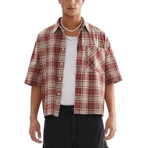 OHERUWKLS Heren Zomer Geruite Shirts Met Korte Mouwen Casual Loose Fit Button Down Met Zakken,Rood,L