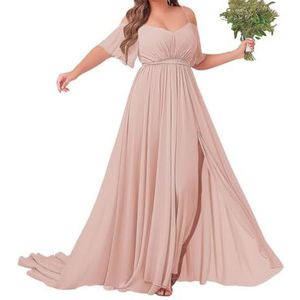 Off-shoulder bruidsmeisjes jurken met mouw - chiffon grote maten formele jurk, Blozen, 32