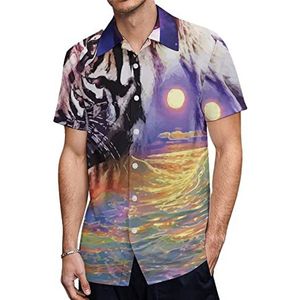 Tijger met mooi landschap heren Hawaiiaanse shirts korte mouw casual shirt button down vakantie strand shirts L