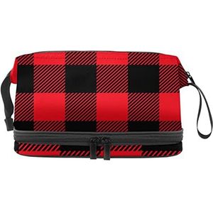 Dubbele Laag Cosmetische Tas Rood Zwart Plaid Draagbare Make-up Tas Reizen Organizer Pouch voor Vrouwen Meisjes Toiletartikelen Tassen, Meerkleurig, 27x15x14 cm/10.6x5.9x5.5 in, Make-up zakje