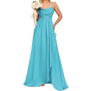 Prinses Bruidsmeisjes Jurken Spaghetti Bandjes Galajurken Chiffon Formele Avondfeest Maxi Jurk met Split ZM192, Turkoois, 32