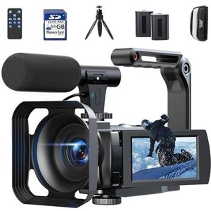 Videocamera 5K, 56MP camcorder wifi vlogging camera voor YouTube, digitale zoom 16x touchscreen 3 inch IR nachtzicht camcorder, videocamera met 2 batterijen, 64 GB kaart, afstandsbediening, Statief