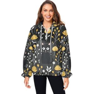 KAAVIYO Zwarte kat gele bloem pluizige jas pullover hoodie capuchon zakken fuzzy fleece sweatshirt ronde hals truien hoodies voor meisjes vrouwen, Patroon, XL