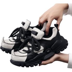 Heren Retro Echt Leren Plateau Enkel Motorlaarzen, Casual Chunky Wandellaarzen, Street Punk Rock Veterschoenen(Creamy 1,46 EU)