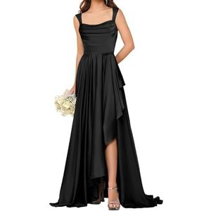 HPPEE Satijnen bruidsmeisjesjurken voor dames met split ruches vloerlengte korset mouwloze formele feestjurk, Zwart, 34