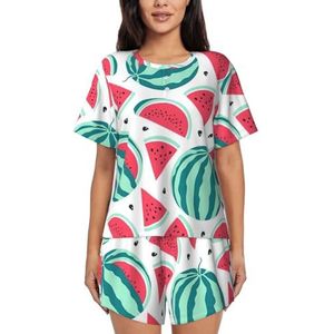 YQxwJL Fruit Watermeloen Print Vrouwen Pyjama Sets Shorts Korte Mouw Lounge Sets Nachtkleding Casual Pjs Met Zakken, Zwart, M