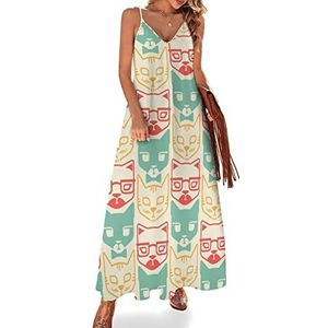 Grappige kleurrijke katten dames zomer maxi-jurk V-hals mouwloze spaghettiband lange jurk